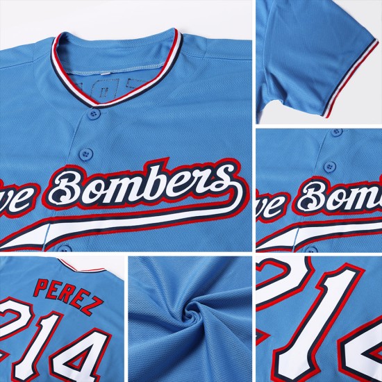 Benutzerdefiniertes authentisches Baseball-Trikot in Puderblau, Weiß und Rot Benutzerdefiniertes authentisches Baseball-Trikot in Puderblau, Weiß und Rot